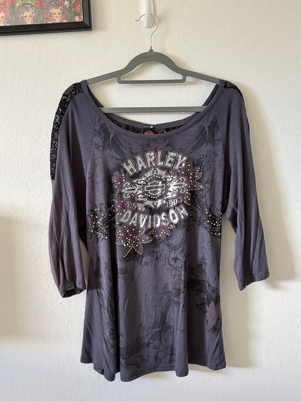 HARLEY-DAVIDSON Rhinestone Lace Back 3/4 Sleeve Top Y2K Biker Grunge Gray S/M